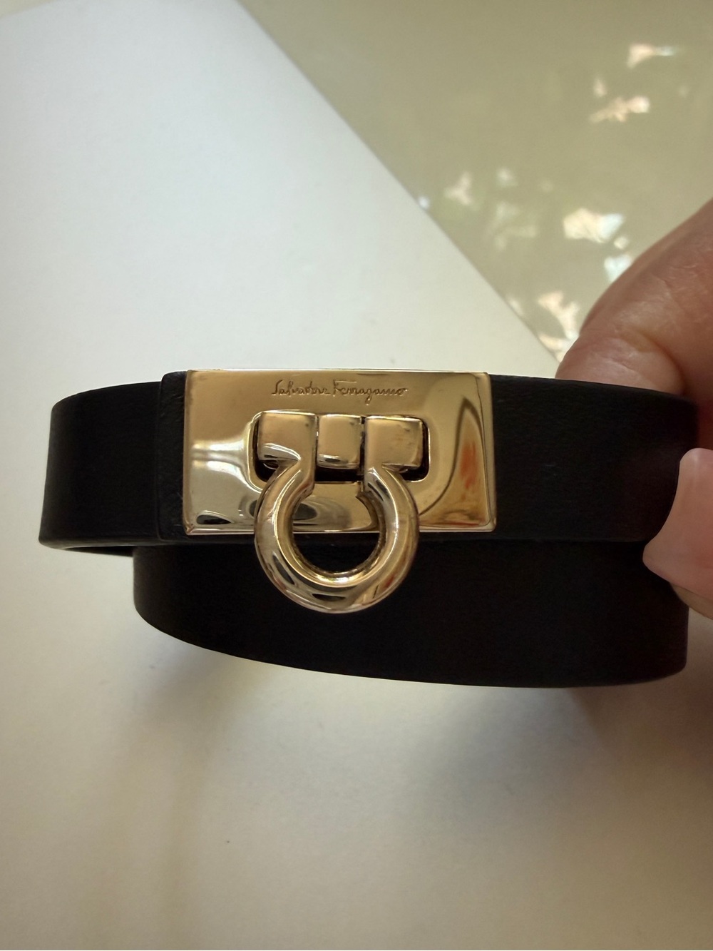 Salvatore Ferragamo Black Leather Bracelet with Gold Gancini Plaque